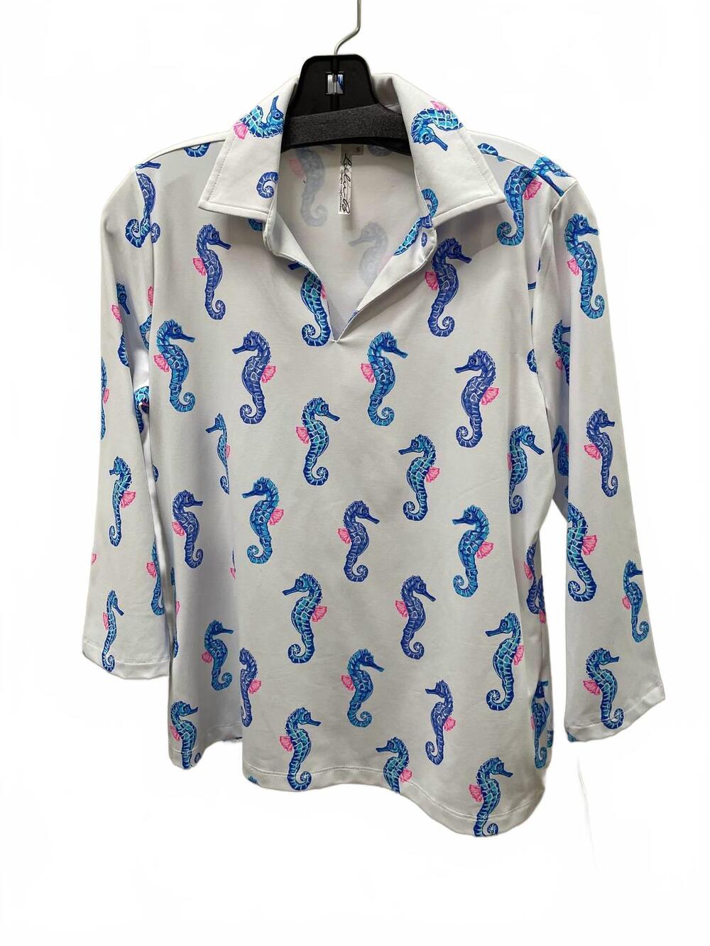 NEW LULU-B women's v-neck three quarter sleeve top in white seahorse